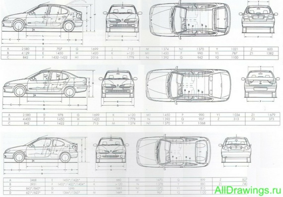 Renault Megane (1996) (Рено Меган (1996)) - чертежи (рисунки) автомобиля